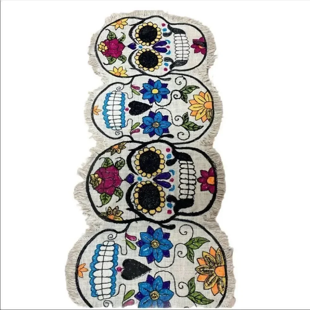 Sugar Skull Halloween Day‎ of The Dead Table Runner Floral CURIOUS